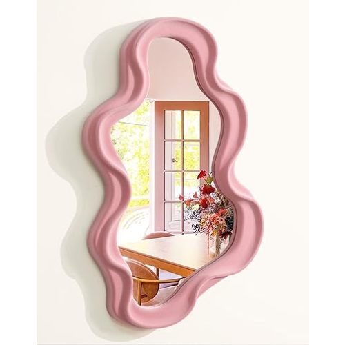 TEIPAI Wall Mounted Mirror Irregular Wall Mirror with Velvet Wavy Edge, Unique Housewarming Gift, Pink Small Mirror for Bedroom/Bathroom/Children's Room/Entryway/Living Room (10"x16")