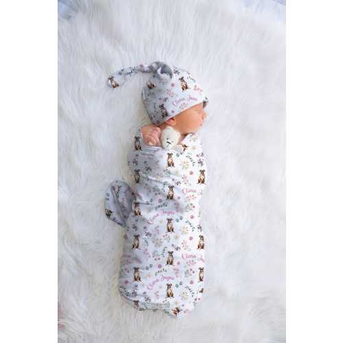 Personalized Boxer Swaddle Set Custom Boxer Baby Blanket Boxer Swaddle Blanket With Name Receiving Blanket Hat Newborn Baby Gift |Wildflower