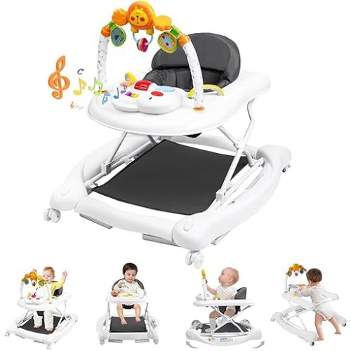 Baby Walker with Wheels, 5 in 1 Baby Walkers for Boys Girls 6-12 Months, Foldable Walker Baby with Bouncer & Feeding Tray, Music, Adjustable Heights