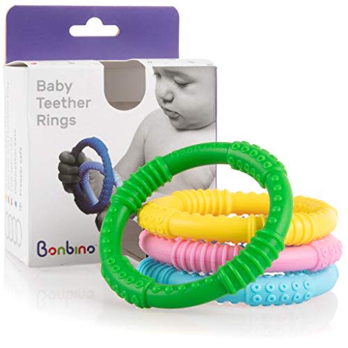 Bonbinoâ„¢ Teether Rings - (4 Pack) Silicone Sensory Teething Rings - Soothes Baby Gum Pain! (Multicolor)