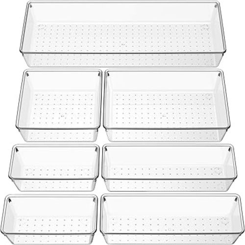 Criusia Clear Drawer Organizer 7 PCS - 5 Size Plastic Versatile Kitchen and Bathroom Organizer Trays, Non-Slip Storage Bins for Makeup, Utensils, Tool and Office Desk