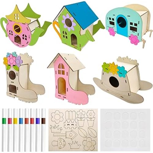 Cinrobiye 6 Set DIY Wooden Birdhouse Craft Kit，Build and Paint Unfinished Wood Houses with Watercolor Pens Spring Party Art Project Creative Home Garden Decor Bulk Painting Supplies