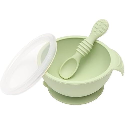Bumkins Baby Bowl, Silicone Feeding Set with Suction for Baby and Toddler, Includes Spoon and Lid, First Feeding Set, Training Essentials for Baby Led Weaning for Babies 4 Months Up, Sage