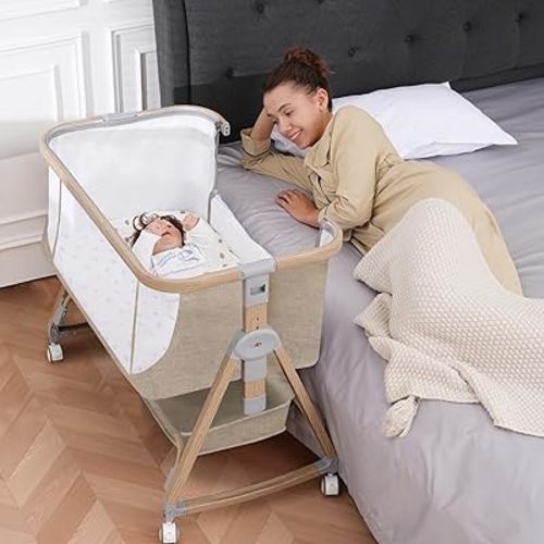 Baby Bassinet, Basinet Bedside Sleeper with Waterproof Bassinet Sheets and Soft Mattress, Safe Adjustable Height Bedside Bassinets with Wheels, Girl/Boy Bassinets, Jestonten (Khaki)