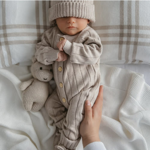100% Organic Cotton Ribbed Knit Romper - Fawn