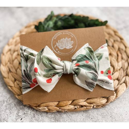 Mistletoe and Red Berries Christmas Watercolor Organic Headwrap Oversized Bow Headband | First Christmas Bow | Baby Girl Headband