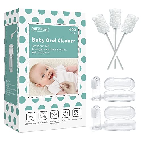 103PCS Baby Tongue Cleaner, Baby Mouth Cleaner Newborn Tongue Cleaning, Disposable Infant Tongue Cleaner Gauze Gum Dental Care for 0-36 Month Baby +2 Finger Toothbrush with Case