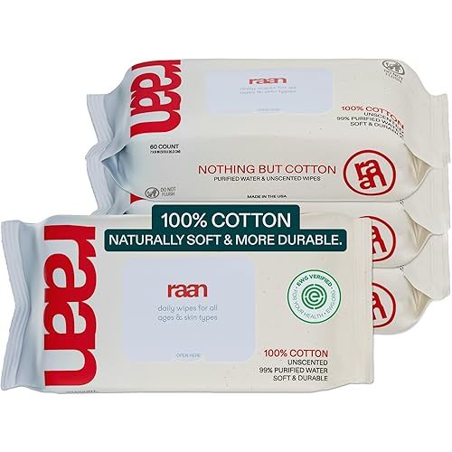 Raan, 100% Cotton Baby & Toddler Wipes, Unbleached, 99% Purified Water, Unscented, EWG verified, Made for Sensitive Skin, Extra Soft and Durable, 4 pack, 240 Count