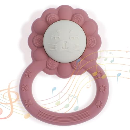 Dirbabi Rattle Teether, Lion Shape Montessori Baby Sensory Teething Toys, Food Grade Silicone BPA Free, Newborn Essentials Must Haves (Shifting Sand Powder Rose)