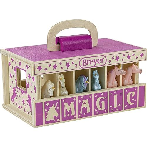 Breyer Horses Unicorn Magic Wooden Stable Playset with 6 Unicorns | 6 Piece | 6 Stablemates Unicorns Included | 6” H x 9” L x 2.5” D | 1:32 Scale | Model #59218, Multicolor