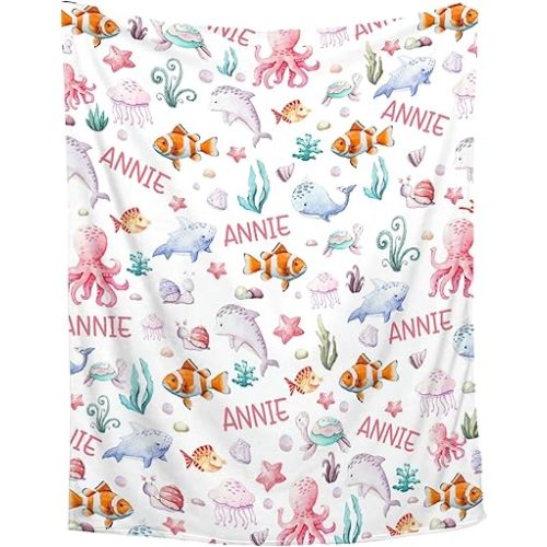 Personalized Baby Blanket for Girls Boys Oceans Fishes Custom Baby Blanket with Name Swaddle Blanket for Toddlers Infants Kids Shower Newborns Nursery Stroller Crib Decor Throw Birthday Gift
