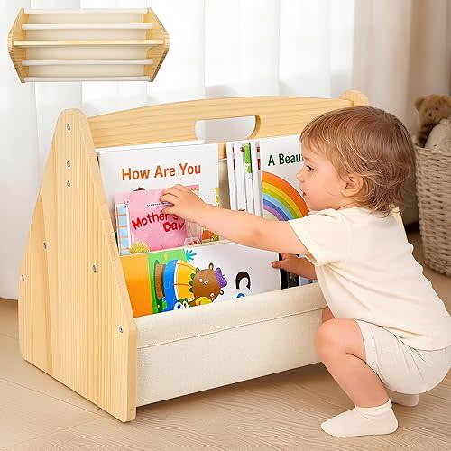 BeBeJoJo Solid Wood Toddler Bookshelf Double-Sided Montessori Kids Bookshelf for Nursery & Playroom, Baby Book Rack with Portable Handle, 4-Tier Deep Sling Organizer Easy Assembly, Off-White