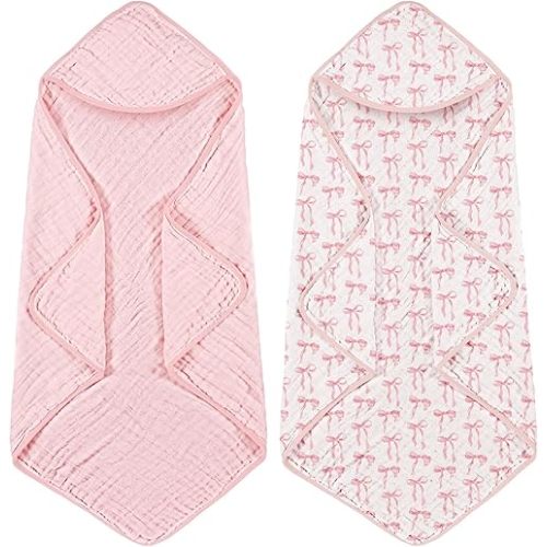 2 Pack Pink Bow Baby Towels for Newborn 100% Muslin Cotton Baby Bath Towel with Hood for Babies, Infant, Toddler and Kids, Large 32x32inch, Soft and Absorbent Kids Essential