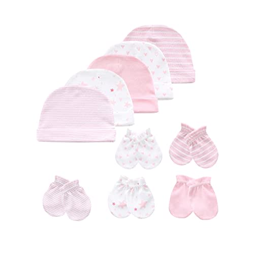 MAMIMAKA Baby Hat and Mittens Set Newborn Baby Hats Caps for Baby Boys Girls 0-6 Months 100% Cotton