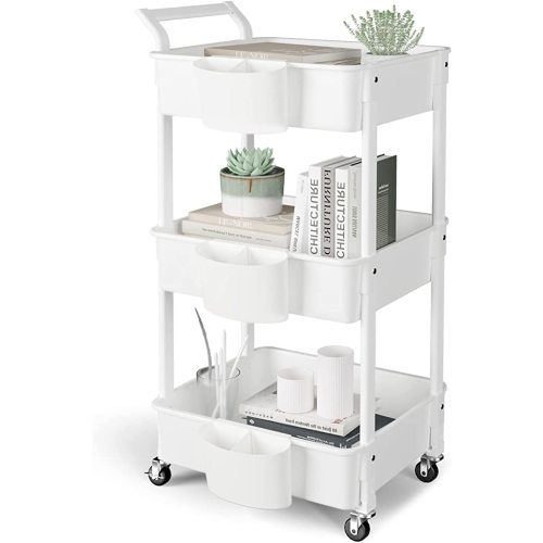 3-Tier Utility Rolling Cart,Mobile Utility Cart with Lockable Caster Wheels,Storage Shelves Organizer Cart, 3 Hanging Baskets, Easy Assembly,for Bathroom, Kitchen, Office, Workshop,White