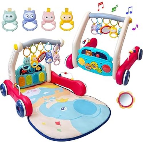 Baby Gym Play Mat & Baby Walker, Baby Activity Center with Music and Light, Tummy Time Mat, Push Toys for Toddler, Detachable Play Piano and Rattles for Newborn Babies Infants Boys Girls