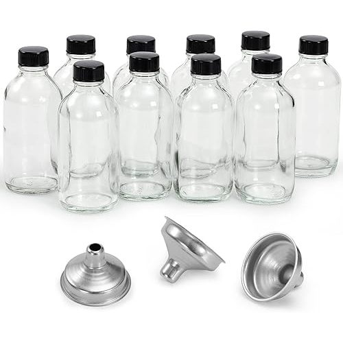 10 Pack, 4 oz Small Clear Glass Bottles w/ Lids & 3 Stainless Steel Funnel - 120ml Boston Round Sample Bottle for Potion, Juice, Ginger Shot, Wellness, Oils, Whiskey, Liquids - Leakproof Travel Bottle