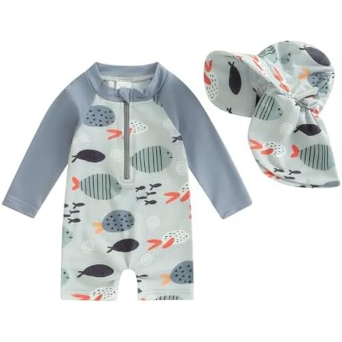 Toddler Baby Boy Girls One Piece Swimsuit Long Sleeve Zipper Bathing Suit with Hat Infant Rash Guard Swimwear