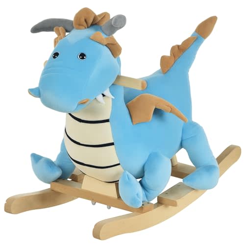 Qaba Kids Plush Ride-On Rocking Horse Toy Dinosaur Ride Rocking Chair with Realistic Sounds for18-36 Months, Blue