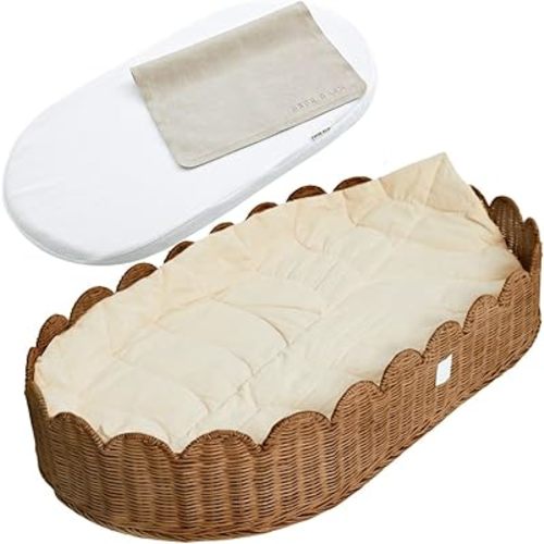 Premium Baby Changing Basket - Artisan-Crafted Scalloped Rattan - Changing Basket for Baby Dresser - All Accessories Included - Complete Set for Nursery (Mocca)