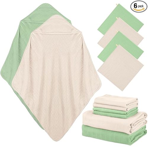 Preboun 6 Pcs Muslin Hooded Baby Towels and Washcloths 32"x 32" Cotton Newborn Bath Towel Anti-Shrink Infant Baby Blankets with Hood 12"x 12" Washcloths for Girl Boy Toddler(Ivory,Green)