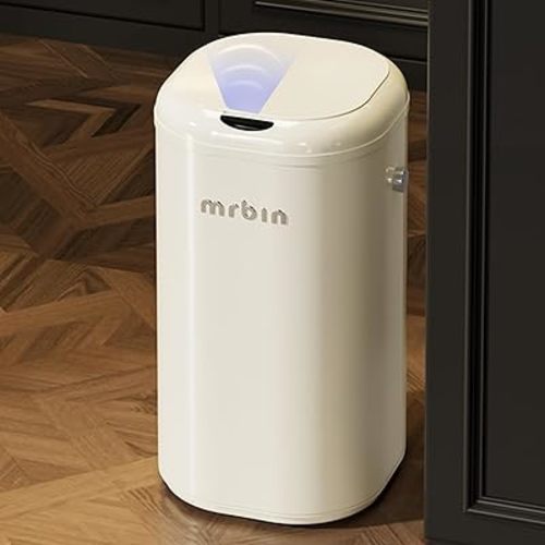 MRBIN Metal Automatic Tall Kitchen Trash Can with Lid, 18L / 4.8gal Slim Motion Sensor Waste Basket, Touchless Electric Garbage Bin for Office and Bathroom, Cream White