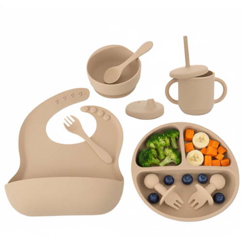 Oioane Silicone Baby Feeding Set, Baby Spoons and Forks, Sippy Cup,Toddler Plates and Bowls Set, Silicone Bibs, Baby Feeding Essentials