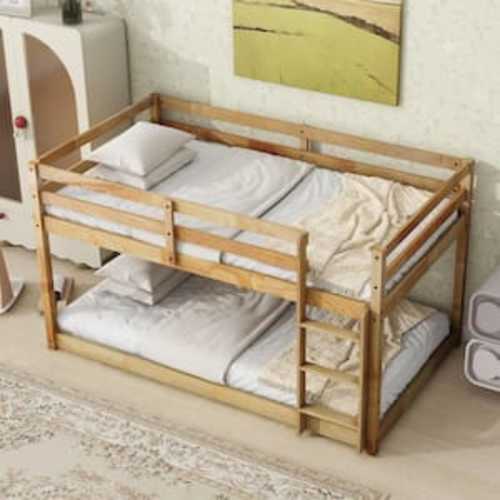 Natural Twin Over Twin Floor Bunk Bed with Ladder