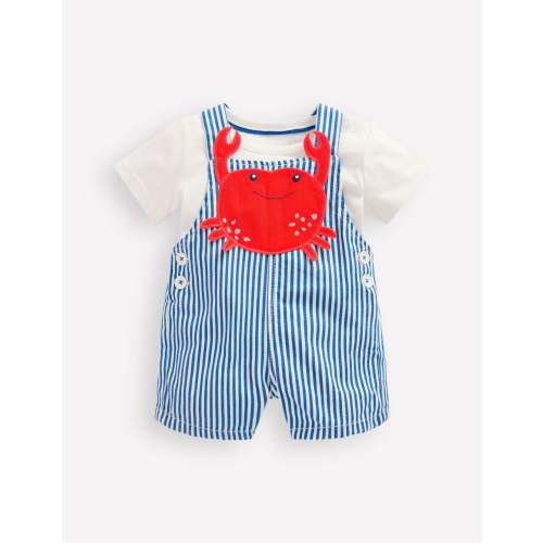 Novelty Woven Overalls Set-Blue Stripe Crab