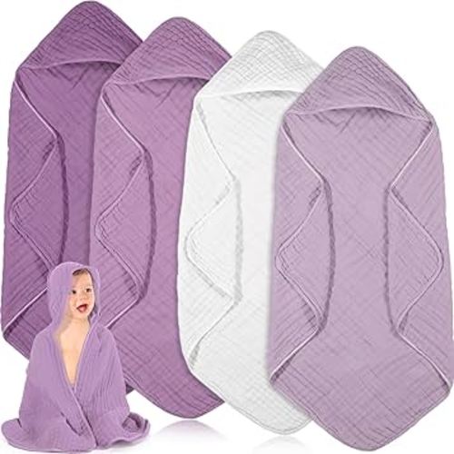 Peryiter 4 Pcs Muslin Hooded Baby Towels,32"x 32" Cotton Newborn Bath Towel Muslin Infant Baby Blankets Absorbent Unisex Newborn Registry Gift for Girls Boys (Purple Series)
