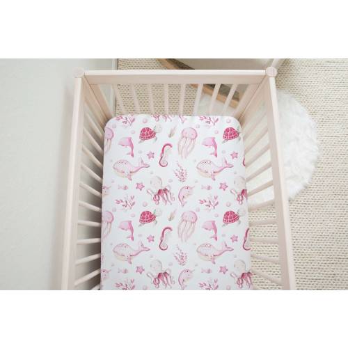 Girl Under The Sea Nursery, Under The Sea Crib Sheet, Ocean Crib Bedding, Pink Sea Animals Crib Sheet, Newborn Gift, Marine Crib Sheet - PiO