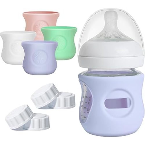 4 Pack Silicone Sleeves for Philips Avent Natural Glass Bottle Food Grade Silicone Bottle Cover and 4pcs Travel Bottle Caps, Bottle Lids Replacement (White+Pink+Violet, 4oz)