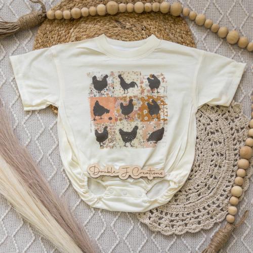 Floral Chicken Bubble Romper Bodysuit, Oversized Baggy Romper, Chicken Kids Shirt, Girls Farm Tee, Country Girls Outfit, CPSC Compliant