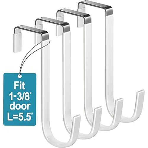 Over the Door Hooks 4Pcs L=5.5" Fit 1 3/8" Door Steel with White Rubber Coating Hanging Towel Robe Clothing Hanger for Bathroom Room Wreath Ironing Board Holder Cute Thin Single Heavy Duty