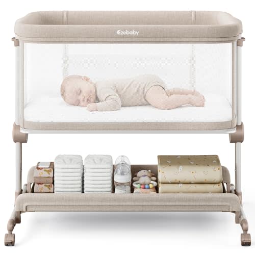 Ezebaby Baby Bassinets Bedside Sleeper, Portable Bedside Bassinet for Baby Newborn Infants with Adjustable 7 Heights and All Mesh Sides, Newborn Crib with Mattress and Soft, Breathable Sheet