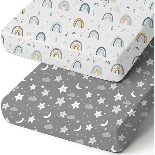 Pack n Play Sheets, BROLEX 2 Pack Mini Crib Sheets,Stretchy Portable Fitted Playard Sheet Set, Convertible Playard Mattress Cover,Ultra Soft Breathable Material,Rainbow Stars
