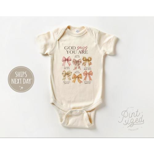 God Says You Are Loved Baby Onesie® - Boho Coquette Bow Religious Bodysuit - John 3:16 Natural Baby Onesie®