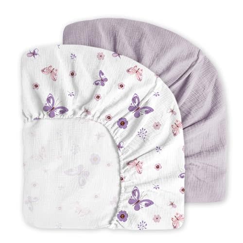 Little Grape Land Muslin Crib Sheets Fitted for Boys and Girls 2 Pack, 100% Cotton Baby Bed Sheets Soft Breathable, Neutral Fitted Baby Mattress Sheets for Standard Crib 52x28 inches, Purple Butterfly