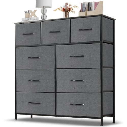 9 Drawer Dresser, Wide Chest Of Drawers Nightstand Storage Tower Storage Dresser Fabric Dresser With Wood Top for Living Room, Bedroom, Hallway, Nursery, Grey