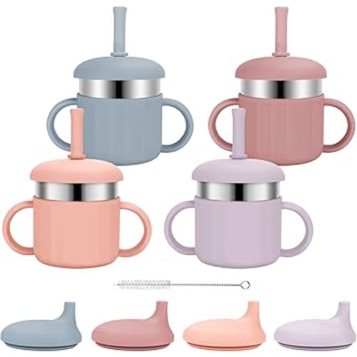 Baby Sippy Cups, 7.4 Oz Sippy Cups, 3 Stages Training Cup, Straw Cup for Infants Toddlers 6-12 Month and Kids 1-3 Year, Stainless Steel Kid Cups with Silicone Straws, 4 Colors B