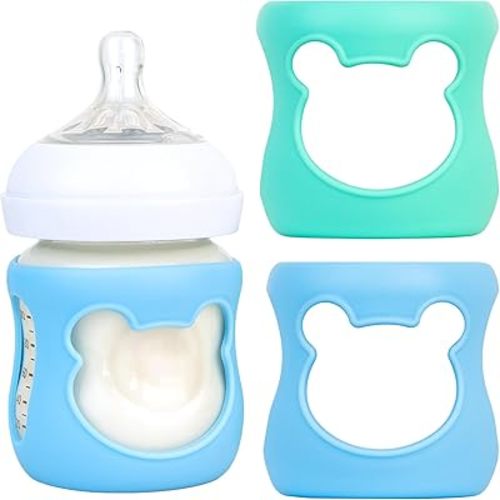 Silicone Baby Bottle Sleeves for Philips Avent Bottles, Anti Breakage Baby Bottle Holder for Avent Natural Glass Baby Bottles, Compatible with Avent Baby Bottle, 4oz, Pack of 2 (Blue/Turquoise)