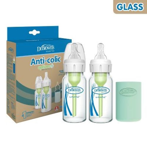 Dr. Brown's 4oz Anti-Colic Options+ Narrow Glass Baby Bottle with Level 1 Slow Flow Nipple & Silicone Sleeve - 2pk
