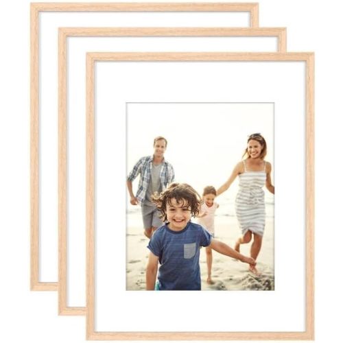 11x14 Picture Frame Set of 3, OAK Wood Photo Frame Display Pictures 8x10 with Mat or Two 5x7 with Mat & 11x14 without Mat with Plexiglass for High Definition Wall Mounting Horizontal or Vertical - 11x14-set of 3