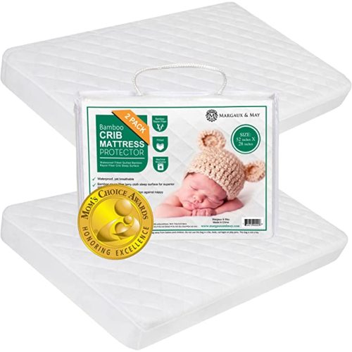 2 Pack Bamboo Waterproof Crib Mattress Protector Pad (Mom's Choice Award Winner) by Margaux & May - Noiseless - Dryer Friendly - Deluxe Bamboo Rayon - Fitted, Quilted 52 x 28 x 9 inch