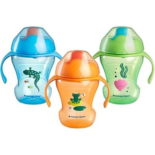 Tommee Tippee Trainer Sippee, 7fl oz, Sippy Trainer Cups for Babies 6 Months+, Blue, Orange and Green, 3-Pack