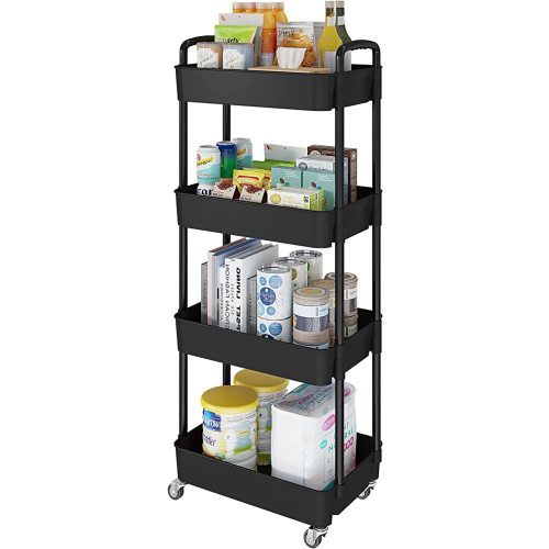 Laiensia 4-Tier Storage Cart,Multifunction Utility Rolling Cart Kitchen Storage Organizer,Mobile Shelving Unit Cart with Lockable Iron Wheels for Bathroom,Laundry,Room,with Classified Stickers,Black