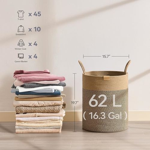 Laundry Hamper 62L,Large Laundry Basket for Clothes,Decorative Storage Basket for Blankets,Cotton Rope Woven basket for bedroom,Dark Brown