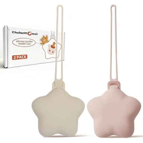Silicone Pacifier Holder Case, Baby Silicone Pacifier Case Holders for Diaper Bag, Pacifier Pouch Container for Girl Boy, Easy Clean, 2 Pack Stars, Khaki + Pink
