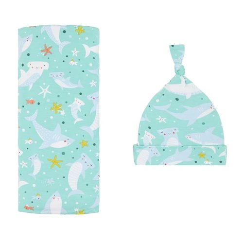 Little Sleepies Swaddle & Hat Set, Baby Swaddles Newborns, Soft Viscose from Bamboo Swaddle Blanket Wrap (Shark Soiree)