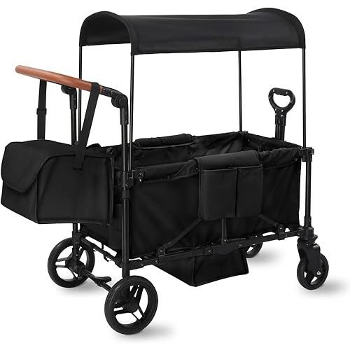 Wagon Stroller for 2 Kids, All-Terrain Wagon with Footwell, Removable UV-Protection Canopy, Adjustable Push/Pull Handle, Large Storage, Perfect for Infant and Toddler (Black)